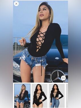 Lace-Up Deep V Black Long-Sleeve Bodysuit